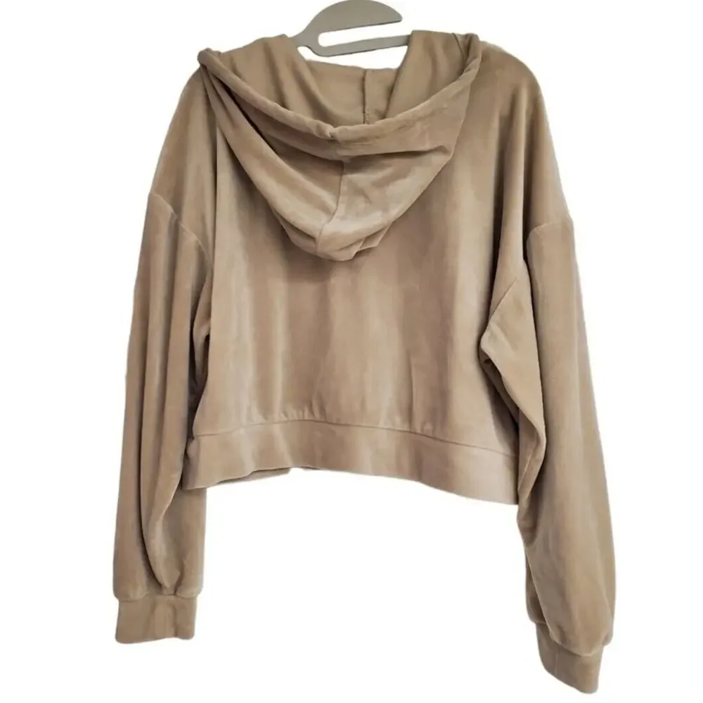 Women's Forever 21 Beige Cropped Velour Zip Hoodie Sweatshirt | Size 1X - Picture 3 of 7